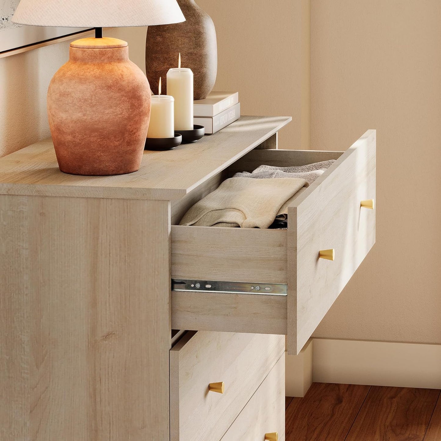 WAMPAT Dresser with 6 Drawers, Bedroom 70.8" Wide Wood Chest of Drawers, Modern Closet Storage Organizer Dressers w/Solid Wood Legs for Living Room, Children's Room, Nursery, Light Oak