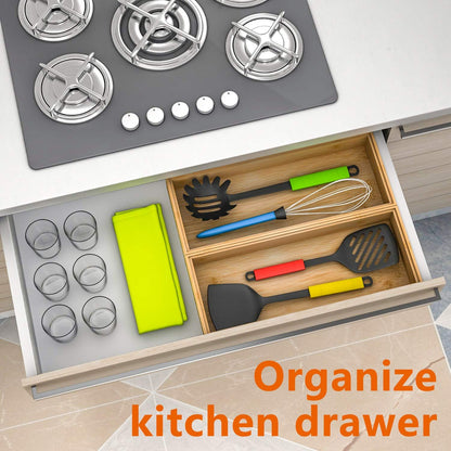 Drawer Organizer Storage Box Kitchen - Wood Stackable Tray Utensil Organizer for Office Drawers,Cabinets,Shelves,Pantry,or Bathroom Counter,Drawer Dividers for Silverware Set of 2（15x6x2.5inch）