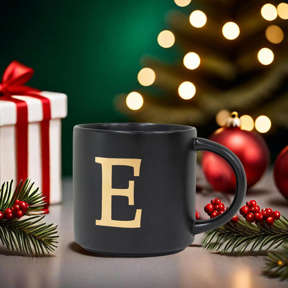 COLLECTIVE HOME - Monogram Ceramic Mugs, 15 oz Golden Initial Black Coffee Cups, Elegant Alphabet Tea Mugs, Elegant Personalized Mug with Gift Box, Unique Mug with Double Side Capital Lette (E)
