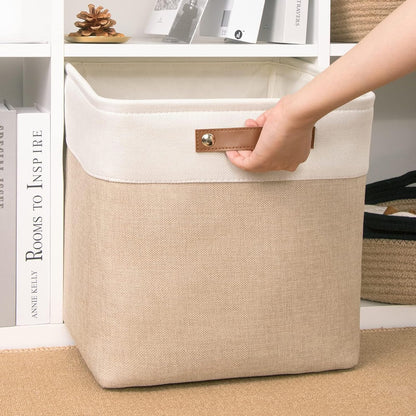 DULLEMELO Cube Storage Bin 13x13,Collapsible Fabric Storage Cube for Organizing,Cubby Storage Basket for Shelves,Closet,Laundry,Nursery,Toys,Clothes (White&Khaki)