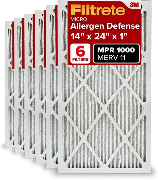 Filtrete 14x24x1 AC Furnace Air Filter, MERV 11, MPR 1000, Micro Allergen Defense, 3-Month Pleated 1-Inch Electrostatic Air Cleaning Filter, 6 Pack (Actual Size 13.81x23.81x0.81 in)