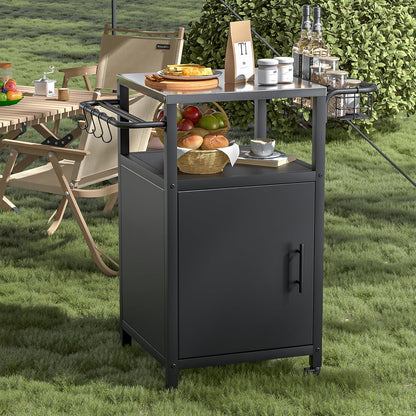 Outdoor Grill Cart with Storage Cabinet, Prep Table with Stainless Steel, BBQ Tables Cart Portable Patio Bar with Lockable Wheels, Movable Kitchen Island for Outside Backyard Patio