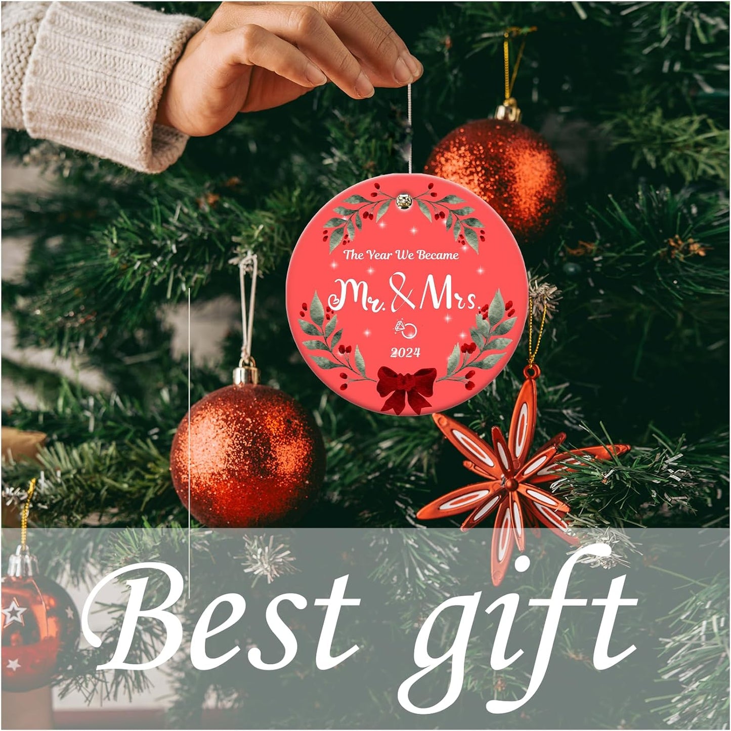 Our First Christmas Engaged Ornament for Couples 2024, Mr & Mrs Ceramic Keepsake Engagement Ornaments for Hanging Decor