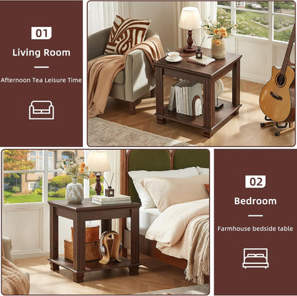 Farmhouse End Table,Large Side Table with 2-Tier Storage Shelf,Rustic Brown End Tables for Living Room,Square Tea Table,Walnut