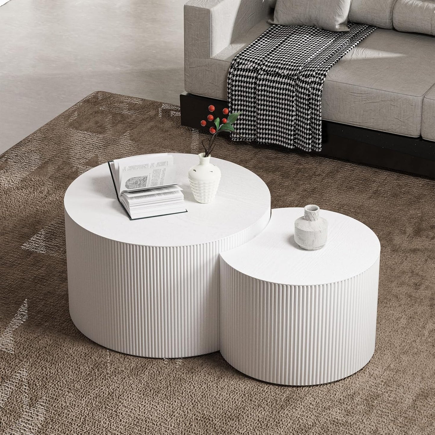 Round Nesting Coffee Table Set of 2 Handcraft Circle Fluted Nesting Coffee Tables Circular Side Table Drum Accent End Tables for Living Room Bedroom (White B Large)