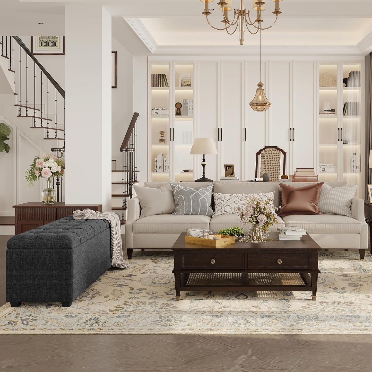 Ottoman with Storage 38 inches, Furniture End of Bed Storage Benches, Long Ottomans Bench with hinged lid, Bench seat Trunk for Foot Rest in Bedroom, Living Room (Dark Grey)