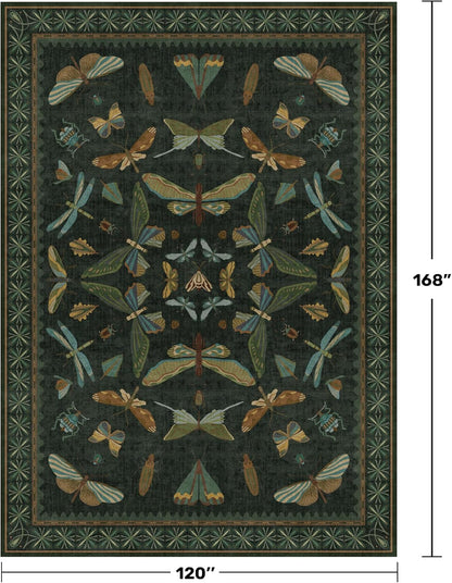 Green Living Room Rug - Vintage Washable Dark Green 10x14 Rug for Dining Room Under Table, Bedroom, Insect Moth Floral Design, Non-Slip Soft Low Pile
