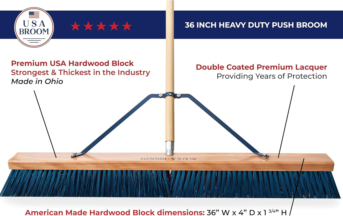 36" Heavy Duty Outdoor Push Broom with 60" Handle. Ideal for Ashpalt, Concrete & Heavy Debris. Durable American Made Steel Brackets-Stainless Steel Hardware. No Plastic. 100% Made in The USA.