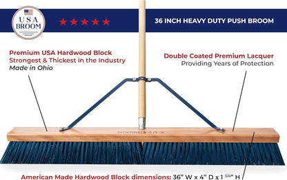 36" Heavy Duty Outdoor Push Broom with 60" Handle. Ideal for Ashpalt, Concrete & Heavy Debris. Durable American Made Steel Brackets-Stainless Steel Hardware. No Plastic. 100% Made in The USA.