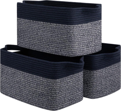 Storage Basket for Organizing, Woven Baskets for Storage, Rectangle Decorative Baskets for Shleves, Closet, Toys, Books, Nursery Organizer Bins - Pack of 3 (Blue & Black)