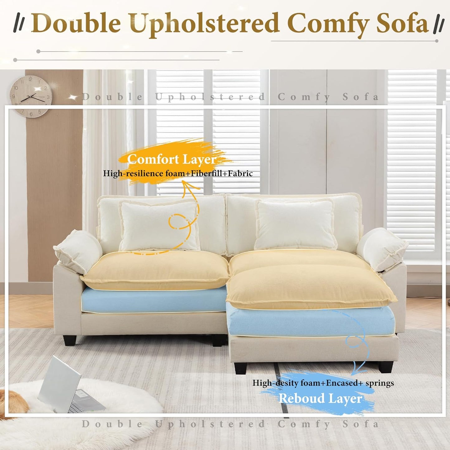 URRED Modular Sectional Sofa Comfy Cloud Couch, Modern Chenille Sofa Sleeper Deep Seat Couches with Ottoman/Pillows for Living Room (White, 82.6''- L Shape)