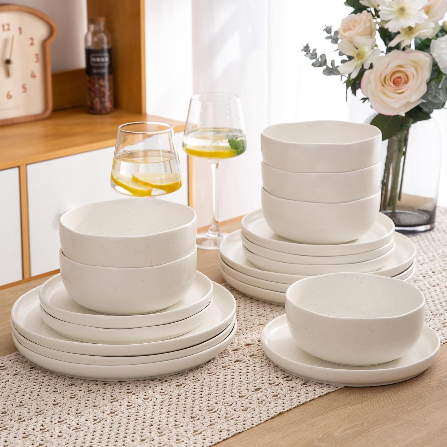 AmorArc Ceramic Dinnerware Sets, Wavy Rim Stoneware Plates and Bowls Sets, Highly Chip and Crack Resistant | Dishwasher & Microwave & Oven Safe Dishes set, Service for 6 (18pc)-Matte Speckled White