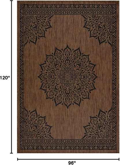 CAMILSON Outdoor Rug 8x10 Medallion Nut Brown Black Modern Area Rugs for Indoor and Outdoor Patios, Kitchen and Hallway Rug, Washable Porch Deck Outside Carpet (8 x 10)