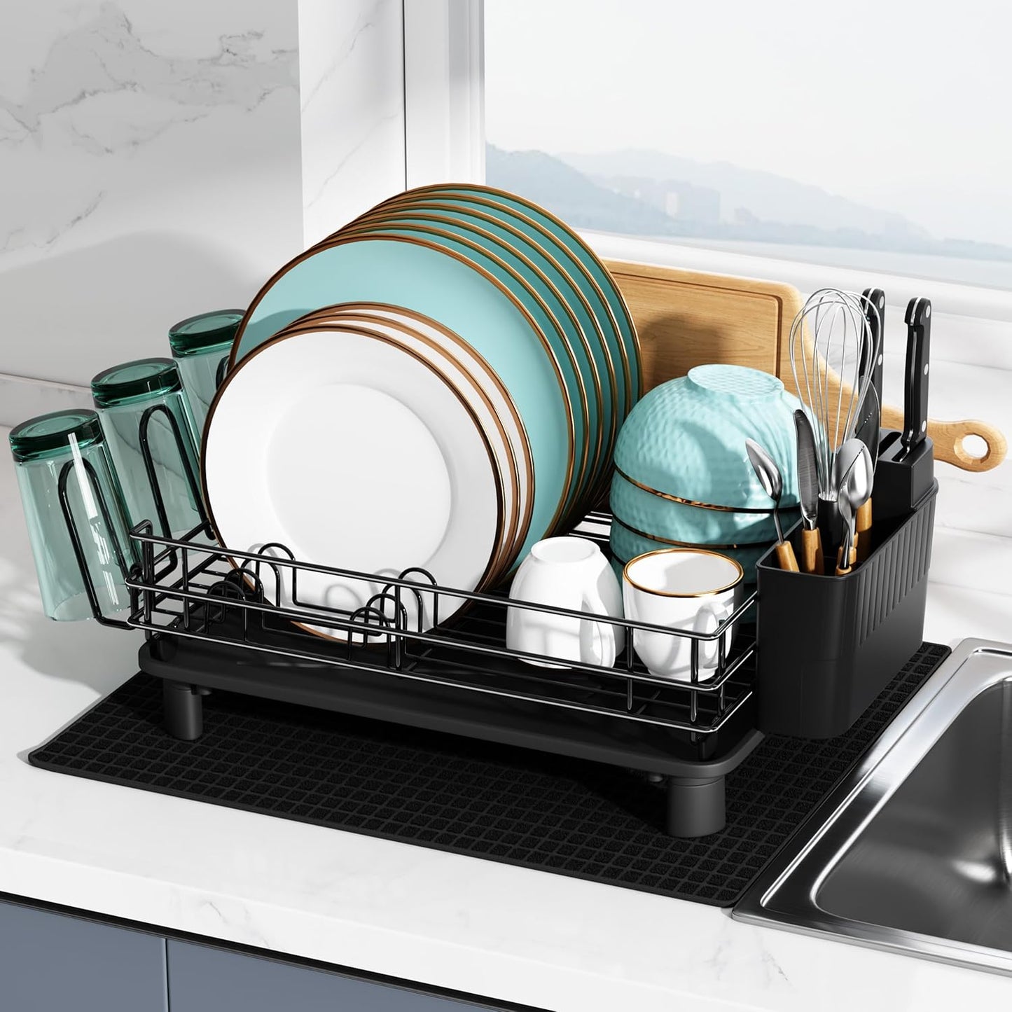 Black Stainless Steel Dish Drainers Drying Rack for Kitchen Counter with Drainboard Set, Rust Proof Metal, Space Saving, Modern Aesthetic, Compact Plates Strainers with Extra Mat