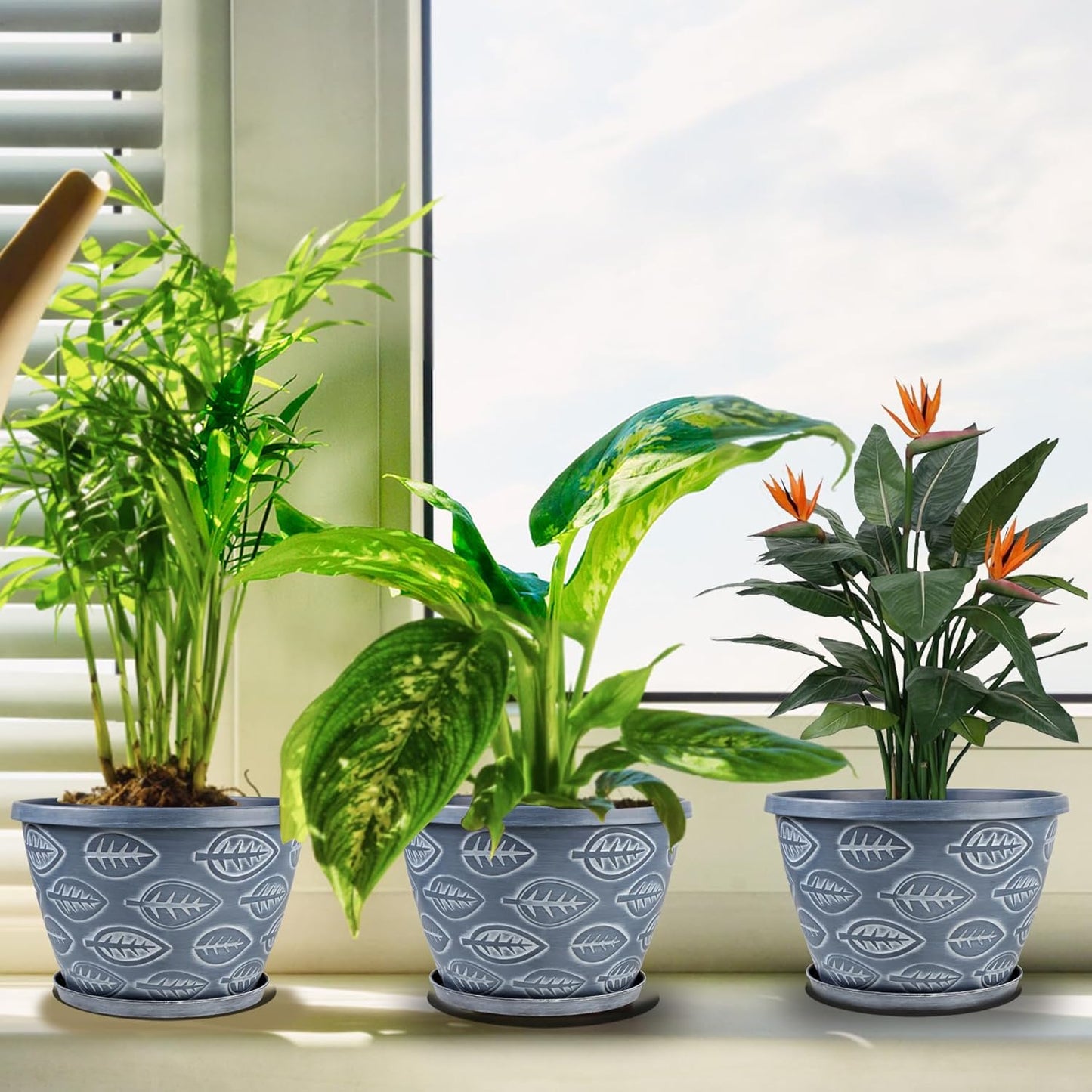 Outdoor Flower Pots for Plants Set of 3 Pack 11 Inch Planter Pot, Large Plastic Plant Pots Indoor Plants with Drainage Holes & Trays, Modern Decorative Garden Containers Sets for House(Blue)