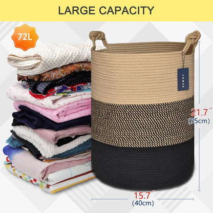 COMSE Extra Large Blanket Basket, Tall Woven Storage Basket, Nursery Hamper, 15.7”x 21.7”, Cotton Rope Laundry Hamper for Toys Clothes Towels, Brown/Black