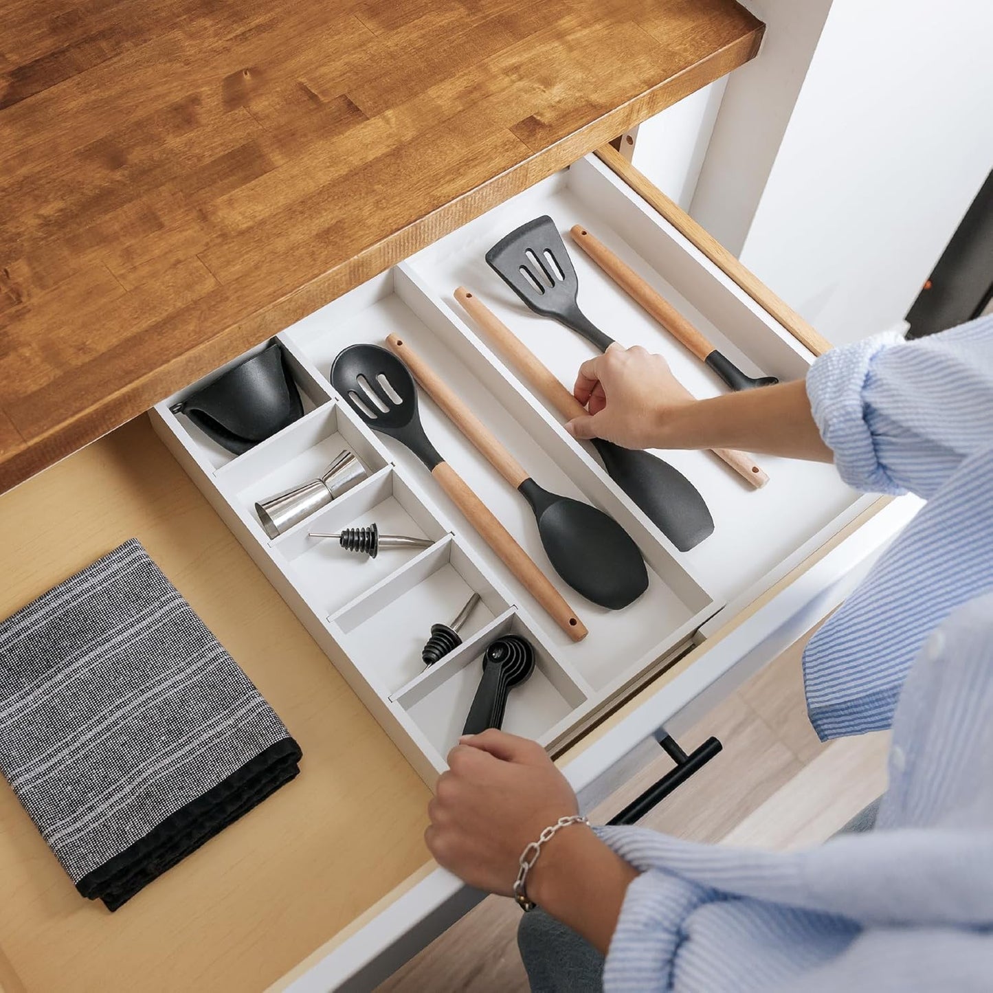 Adjustable Kitchen Drawer Organizer for Utensils and Junk, Food-Safe Contract Grade with 100% Sustainable Wood, Expandable from 10.5 to 19 Inches Wide - White Bamboo