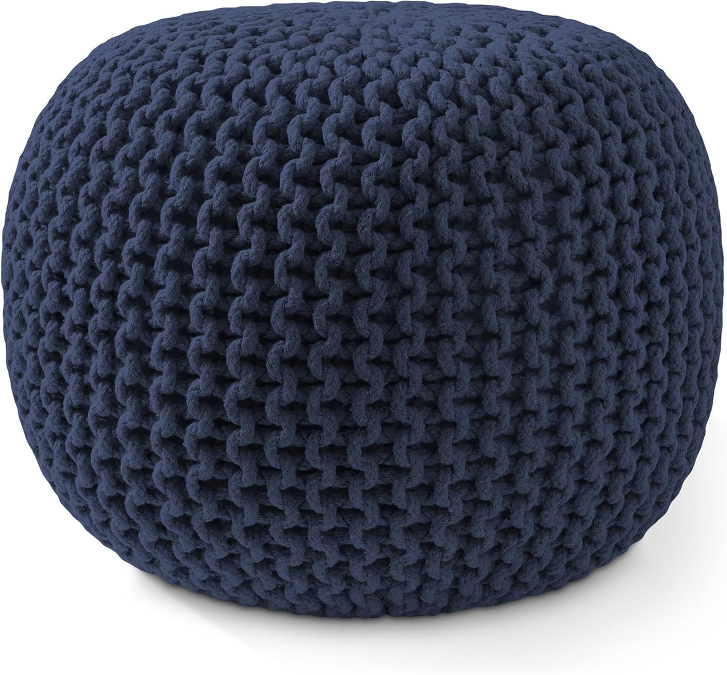 Casafield Round Pouf Ottoman, Navy Blue - 20" Diameter x 14.5" High Cotton Knit Foot Stool - Boho Floor Pouffe for Living Room, Bedroom, Home Office