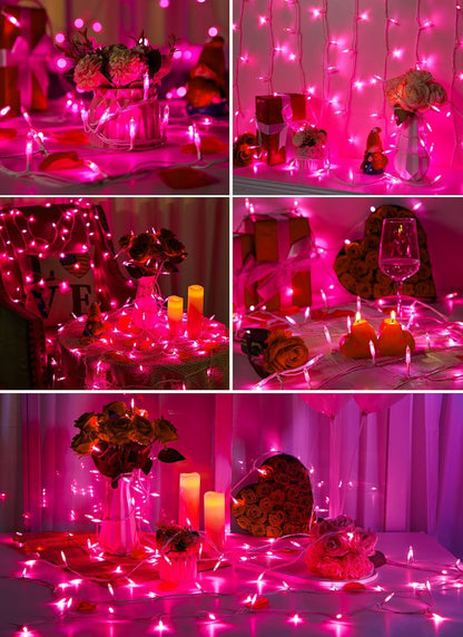 Pink Christmas Mini Lights, 39Feet 100 LED Pink String Light with 8 Lighting Modes, Connectable Valentine's Lights for Indoor Outdoor Valentine's Day Garland Wreath Holiday Decoration, White Wire