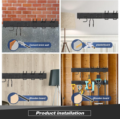 Storaboks Heavy Duty Garage Storage Rack System, Wall Mounted Tool Organizer with 8 Double Hooks, 3 Rails, Garden Yard Tools Hanger for Ski Gears, Broom, Rake, Shovel