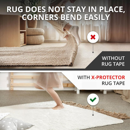 X-Protector Rug Tape for Carpet - 12 Pcs Set - White Anti-Slip & Anti-Curling Carpet Tape for Rugs - Premium Rug Pad Gripper - Ideal Carpet Corner Grippers to Keep Your Rugs & Make Corners Flat