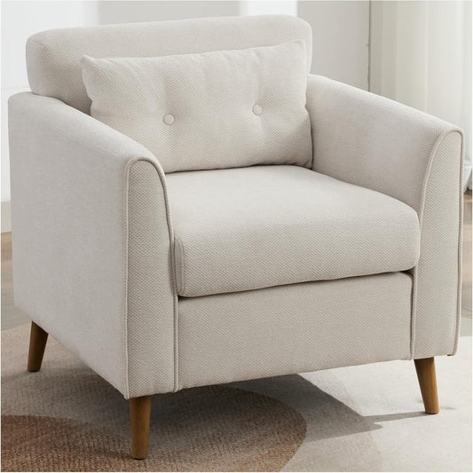 Modern Accent Chair with Wooden Legs Plush Fabric Armchair Chenille Side Single Sofa Chair for Bedroom, Office Cafe Waiting Room Apartment (Beige Armchair)