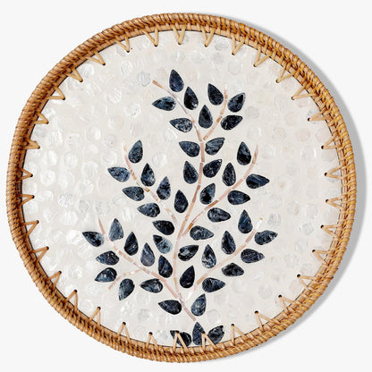 Round Rattan Tray with Mother of Pearl Inlay & Wooden Base - Decorative Wicker Serving Tray for Coffee/Bread/Fruits, Food Storage & Display - Multipurpose Home Decor