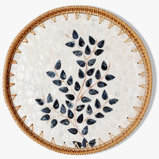Round Rattan Tray with Mother of Pearl Inlay & Wooden Base - Decorative Wicker Serving Tray for Coffee/Bread/Fruits, Food Storage & Display - Multipurpose Home Decor (M,Little Tree)