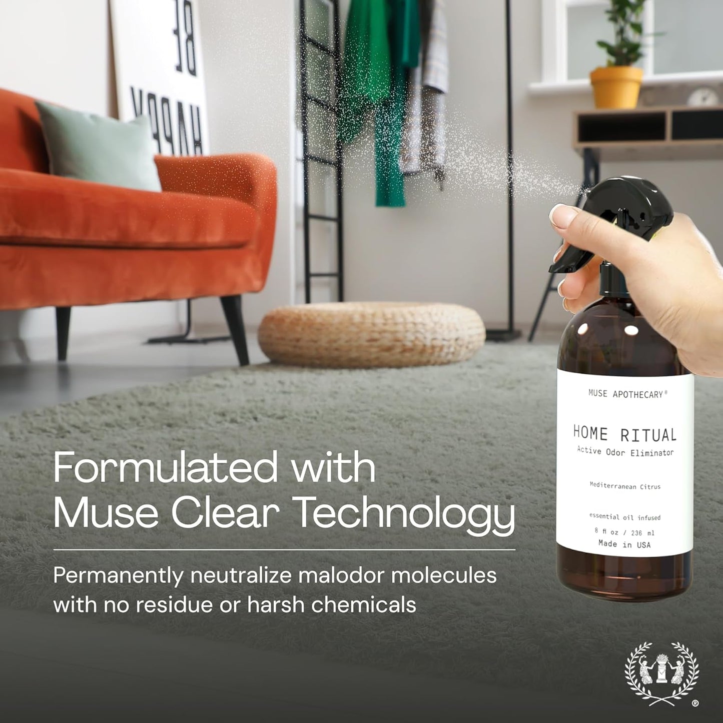 Muse Apothecary Home Ritual Active Odor Eliminator Spray - Furniture Deodorizer Spray & Bathroom Odor Eliminator for Home - Essential Oil Air Freshener - 8oz, Lavender Fields
