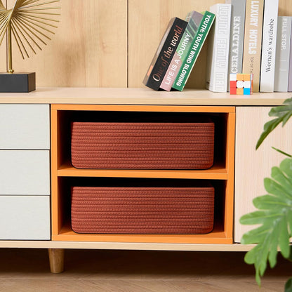 Large Shallow Organizing Baskets 15x11x5.1 Inches - Rope Woven Storage Bins for Bathroom, Shelves, Cube Closet, Red 2 Packs