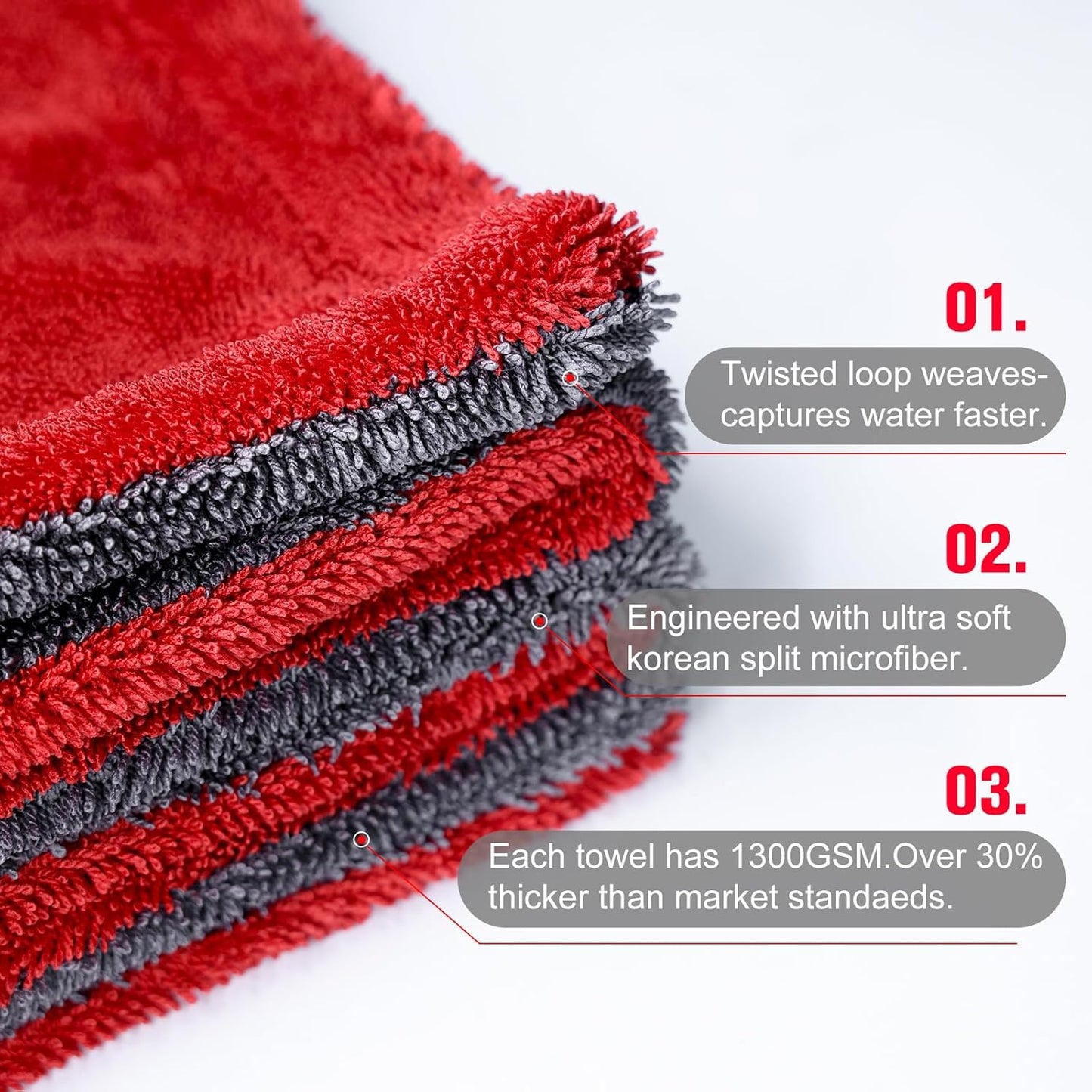 2 Pack XL Car Drying Towel – 1300GSM Ultra Absorbent Microfiber, 24"x36" Large Size, Twisted Loop, Lint-Free & Streak-Free for Auto Detailing, Car, SUV, Truck(Gray-RED)