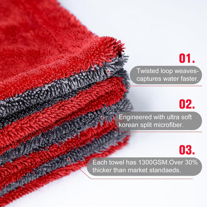 2 Pack XL Car Drying Towel – 1300GSM Ultra Absorbent Microfiber, 24"x36" Large Size, Twisted Loop, Lint-Free & Streak-Free for Auto Detailing, Car, SUV, Truck(Gray-RED)