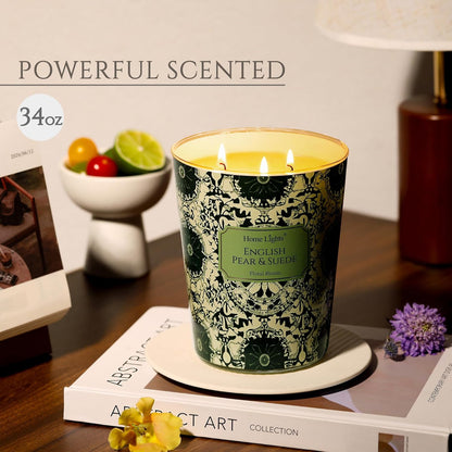 HomeLights Soy Wax Candles for Home Scented, 3-Wick Candles in English Pear & Suede Scented, Bohemian Natural Textures Aromatherapy Candles Gift for Parties, Relaxing, 34oz