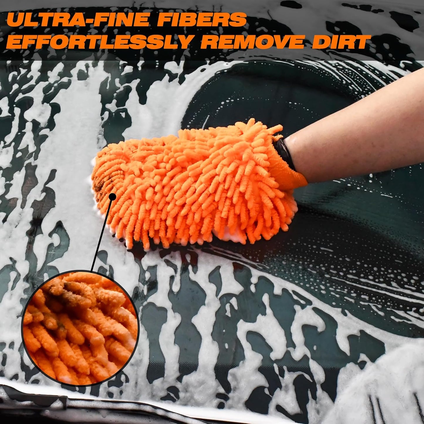 Raeyuan Car Wash Mitt Microfiber 2 Pack Scratch Proof & Lint-Free Wash Mitt for Cars, SUVs, Trucks - Large 9.06"x5.91", Orange & Blue (All-Purpose Car Cleaning)