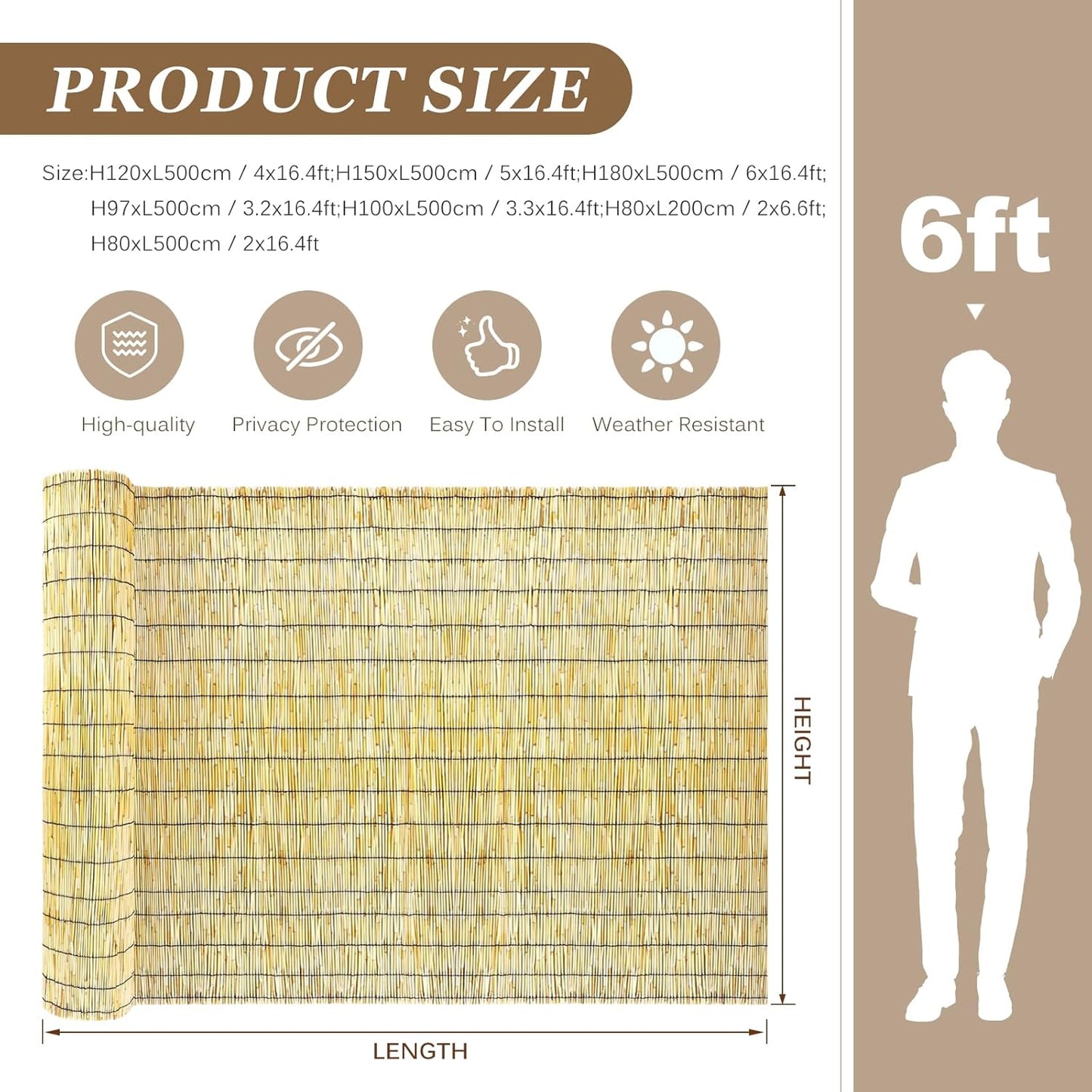 Natural Reed Fencing Rolls: Privacy Bamboo Fence 3/4/5/6ft High Roll Reed Screen, Decorative Bamboo Fencing for Outdoor Balcony Patio Garden Backyard,with Cable Zip Ties(Nature, 3.3x16.4ft)