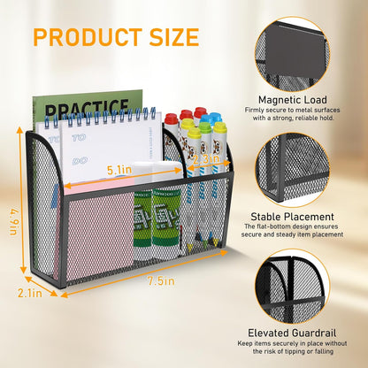 Magnetic Pencil Holder-Magnetic Basket for Fridge 3-Grid Mesh Magnetic Pen Holder for Refrigerator, Extra Strong Magnets Mesh Marker Holder Locker Accessories Organizer for Whiteboard