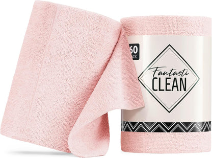 Fantasticlean Microfiber Cleaning Cloth Roll -60 Pack, Tear Away Paperless Towels, 8" x 8", Reusable Washable Rags, for Home Kitchen, Pet, Office, Indoor Outdoor, Compact and Portable (Pink)