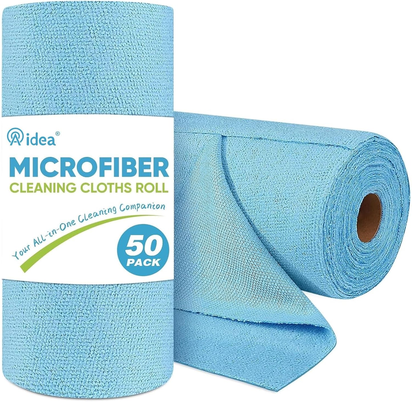 AIDEA Microfiber Cleaning Cloth Roll, 50PK, Blue Shop Towels Reusable Tear Away Paper Towels, Washable Shop Rags, Microfiber Towels for Cars, Lint Free Rags for House, Mechanic, Workshops, 11.5"×11.5"