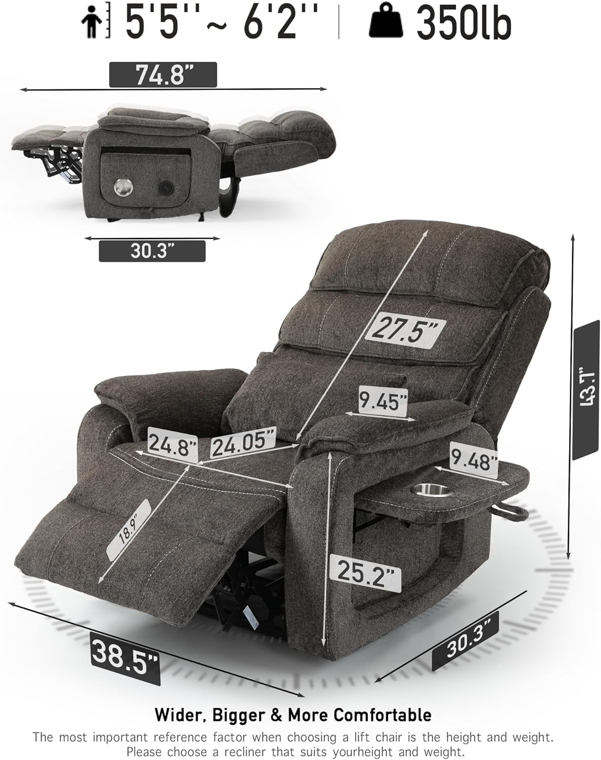 Large Power Lift Chairs Recliners for Elderly with Heated and Massage, Upgraded Dual Motor Lay Flat Recliners, 25in Extra Wide Seat, Folding Tablet, Side Pocket