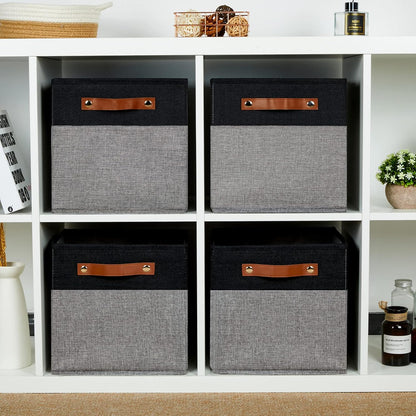 HNZIGE Fabric Cube Storage Baskets 11x11, Set of 4, Foldable Baskets with Handlesfor Organizer Closet(Black Gray)