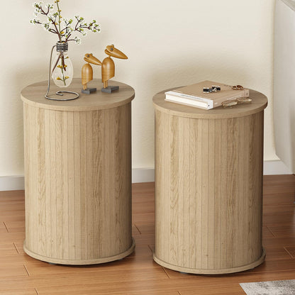 Round Fluted End Table for Living Room, Modern Wooden Sofa Couch Side Table for Small Spaces, 21.9" H Nightstand Set of 2 for Bedroom (Oslo Oak)