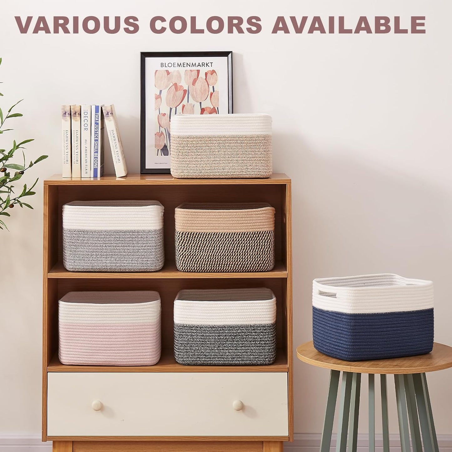 OIAHOMY 4 Pack Storage Baskets for Organizing, Basket for Shelves with Handle, Woven Baskets for Storage Toys, Towels, Books, Cotton Rope Basket 13" L x 9 " W x 7.8 " H, Grey & White