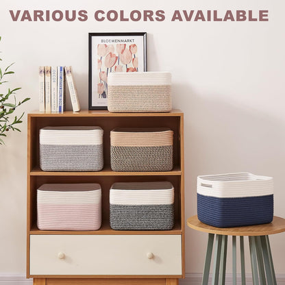 OIAHOMY 4 Pack Storage Baskets for Organizing, Basket for Shelves with Handle, Woven Baskets for Storage Toys, Towels, Books, Cotton Rope Basket 13" L x 9 " W x 7.8 " H, Grey & White