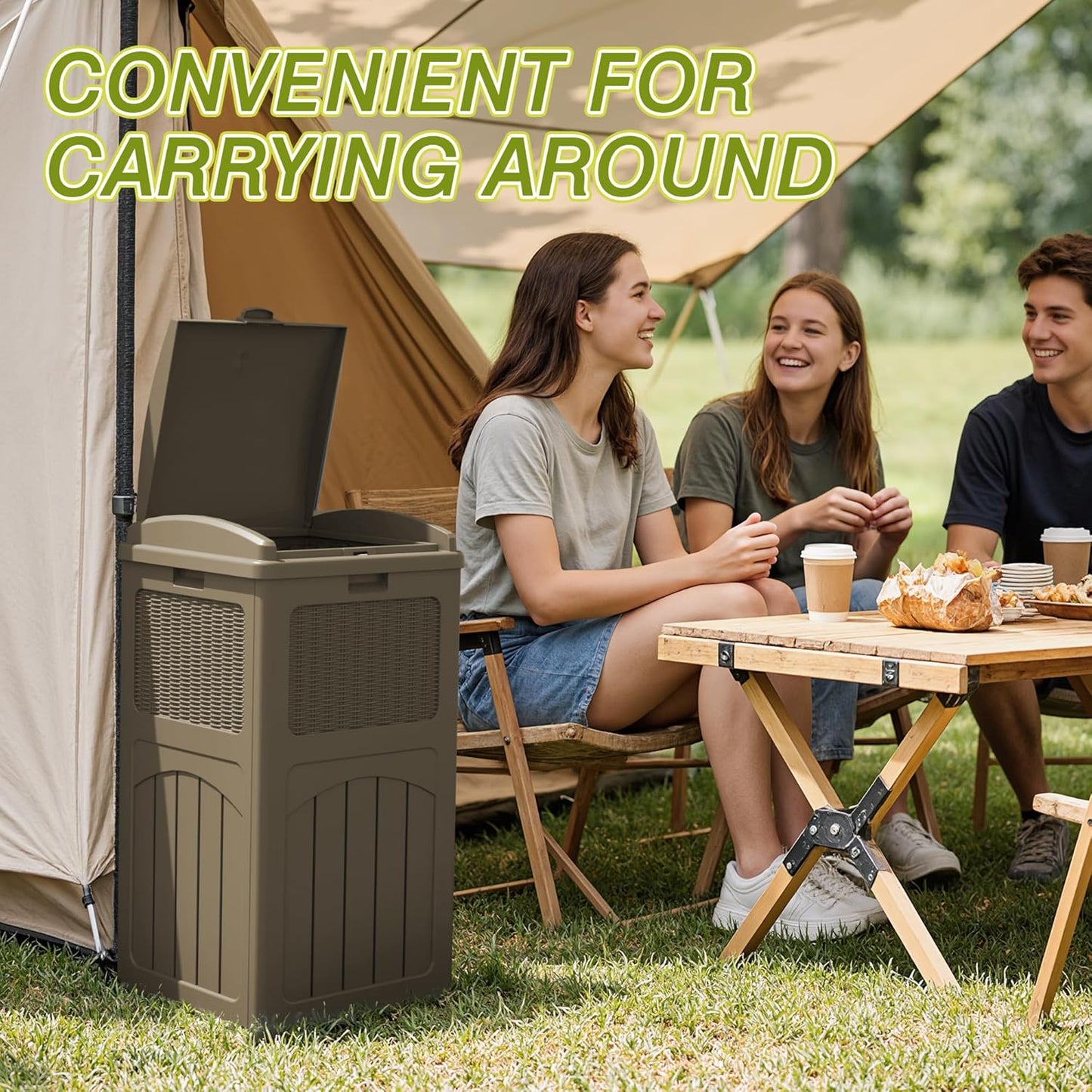 Greesum 33 Gallon Resin Outdoor Trash Can with Lid, Waterproof Resin Garbage Bin for Hideaway, Patio, Deck, Light Brown