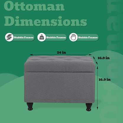 Ottoman with Storage 24'' Storage Ottomans Fabric Ottoman Footstools Small Upholstered Foot Rest Stool for Couch, Living Room, Bedroom, Entrance Shoe Bench Grey