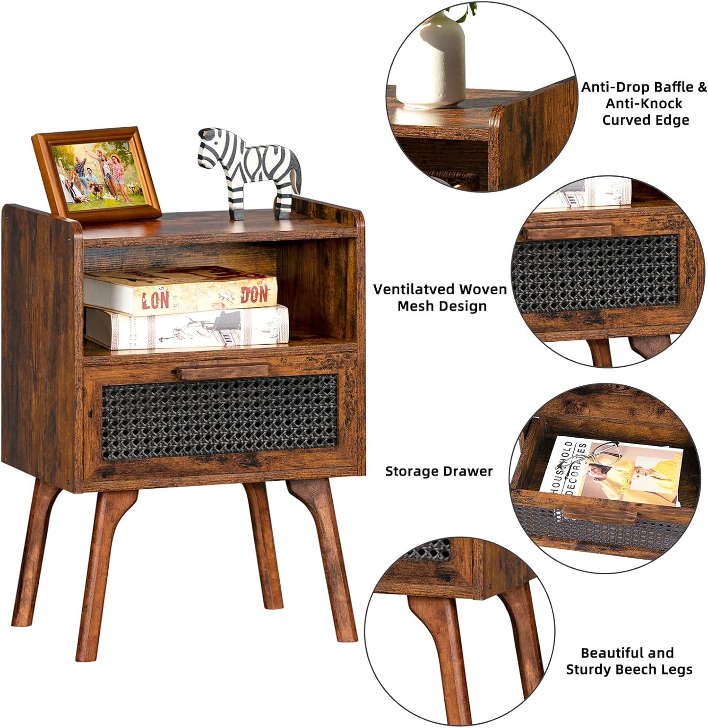 Lerliuo Rattan Nightstand, Boho Side Table with Drawer Open Shelf, Cane Accent Bedside End Table with Solid Wood Legs for Bedroom, Dorm and Small Spaces (Brown)