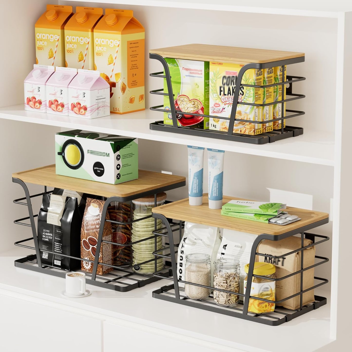 3 Pack Stackable Pantry Organizer, Trash Bag Dispenser Under Sink, Kitchen Organization and Storage, Kitchen Counter Organizer, Black