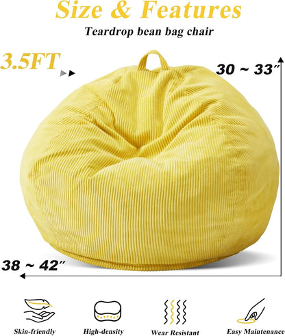 3.5FT Bean Bag Chairs Teardrop Bean Bag Chair for Adults Beanbag Chair with Memory Foam Filled Machine Washable Cover for Living Room, Bedroom (Large,Yellow)