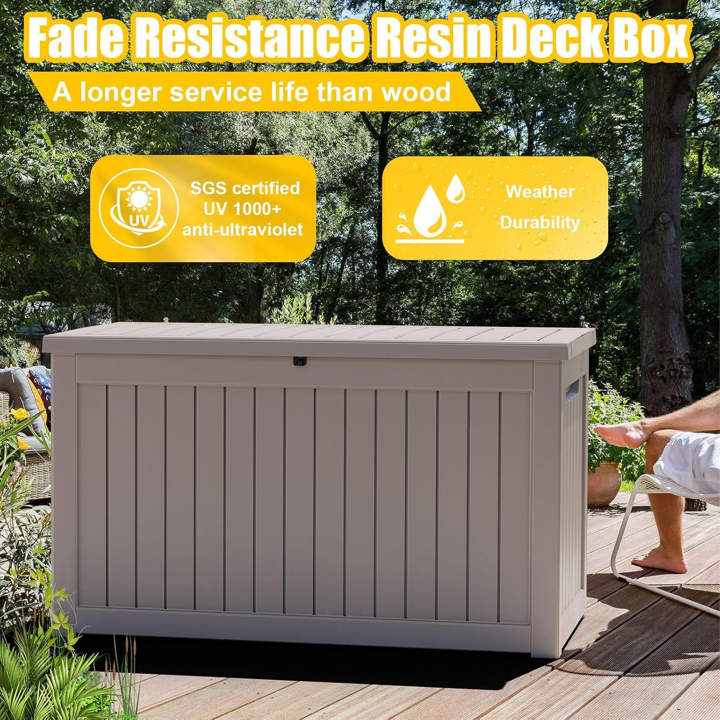 DRATO 230 Gallon Deck Box, Waterproof Resin Large Outdoor Storgae Box for Patio Furniture, Patio Cushions, Gardening Tools, Pool and Sports Supplies, Lockable