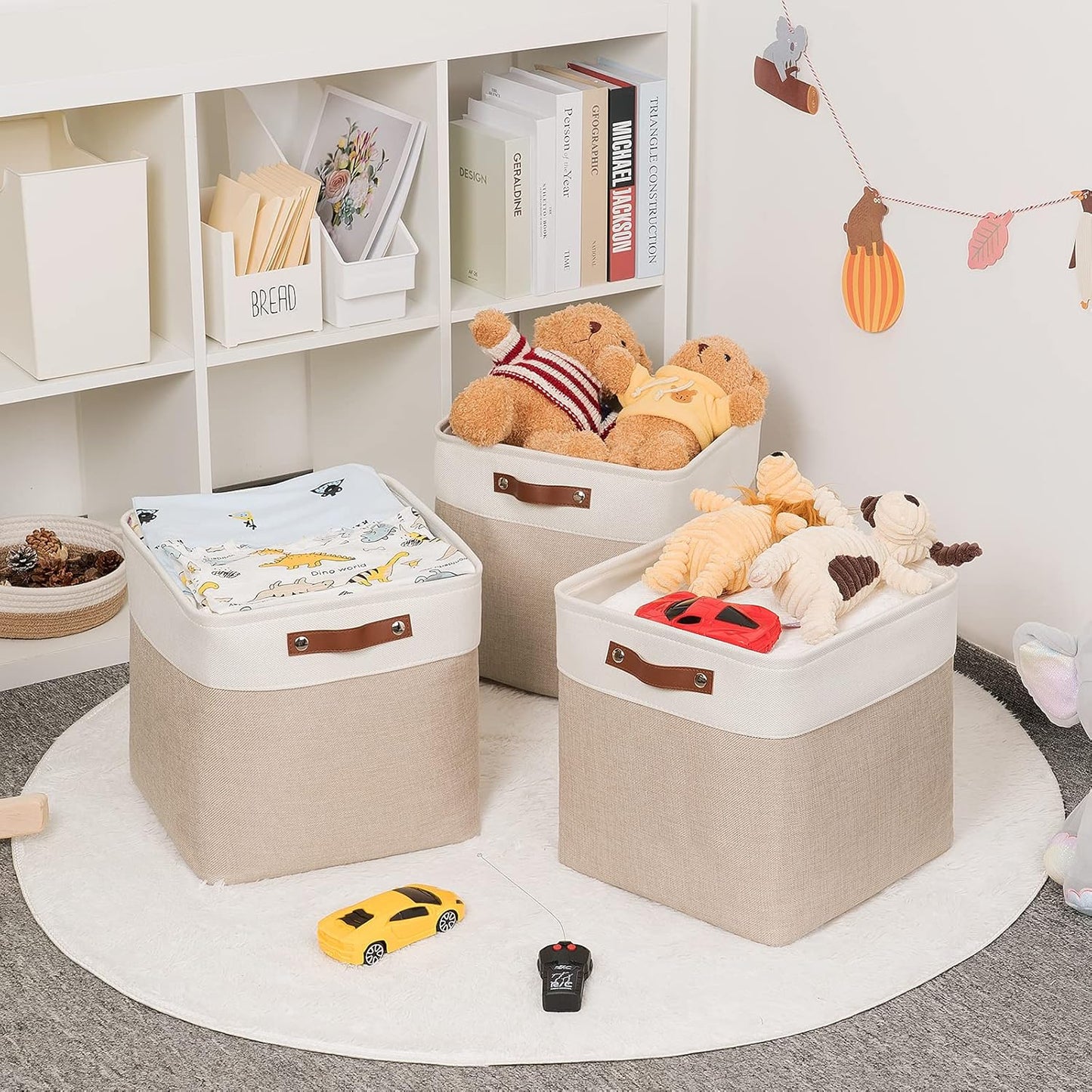 HNZIGE Cube Storage Baskets for Shelves Foldable Storage Baskets(3 Pack) Cube Storage Bin,13 Inch Storage Basket for Organizing with Leather Handles for Toys, Clothes, Kids, Closet (White&Beige)